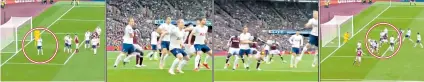  ?? ?? How Tottenham striker was at fault
2 But he is more concerned with grappling with Antonio than reaching the ball first 3 Antonio reacts faster, flicking out his left leg in front of Kane to divert the ball goalwards