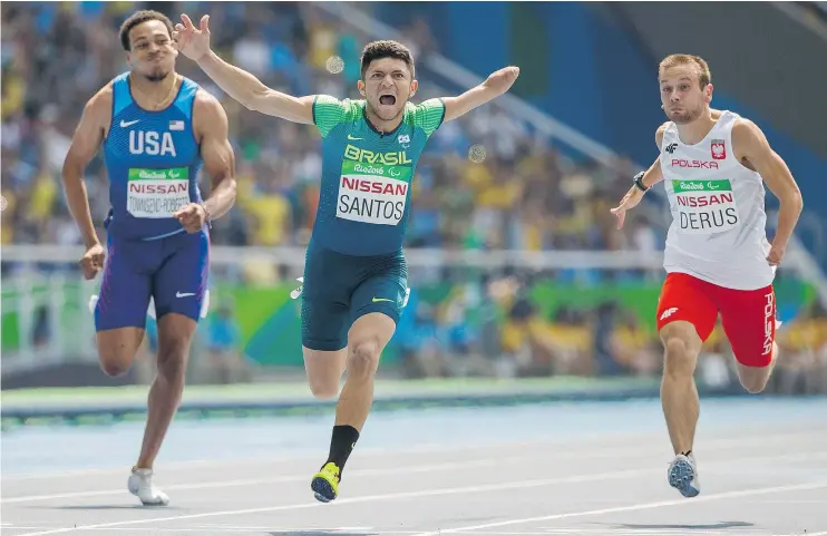  ?? — GETTY IMAGES FILES ?? Brazil’s Petrucio Ferreira Dos Santos won gold and set a world record in the men’s T47 100m sprint before thousands of cheering fans at Olympic Stadium.