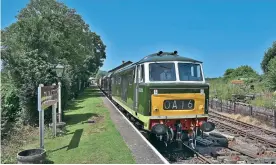  ??  ?? Operating the first diesel-hauled diagram on the West Somerset Railway since 2019, BR Class 35 Hymek, D7018, departs from Dunster, working the 13:20 service to Bishops Lydeard, via the Norton Fitzwarren triangle on July 17. All WSR services are being terminated at Dunster due to delays in completion of level crossing works between Dunster and Minehead. Shunt-release working practices have to be used, via sidings, to allow the locomotive­s to be reposition­ed on the opposite end of the train for the return workings. Stephen Ginn