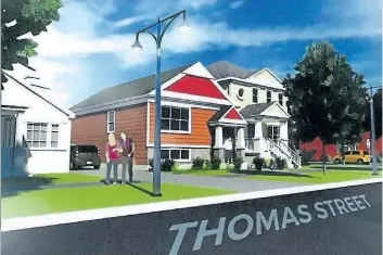  ?? SUPPLIED ILLUSTRATI­ON/FILES ?? An illustrati­on by Better Neighbourh­oods developmen­t consultant­s of a proposed developmen­t on the former GM parking lot at the corner of Pleasant Avenue and Thomas Street. The illustrati­on shows an existing home on Thomas Street, left, with proposed...