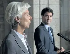  ?? THE CANADIAN PRESS FILES ?? Prime Minister Justin Trudeau meets IMF managing director Christine Lagarde on Parliament Hill in Ottawa on Sept. 13, 2016. The IMF raised its estimate for economic growth in Canada this year.