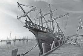  ?? PETER PEREIRA/THE STANDARD-TIMES ?? Visitors can board the Nao Trinidad, a replica of one of Ferdinand Magellan's 16th-century tall ships which sailed around the world, docked at Pope's Island in New Bedford.