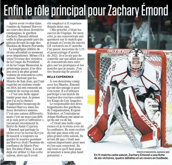  ?? PHOTO D’ARCHIVES, AGENCE QMI ?? En 11 matchs cette saison, Zachary Émond a une fiche de six victoires, quatre défaites et un revers en fusillade.