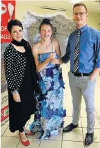  ?? Picture: WERNER HILLS ?? TRASH IS TRENDING: Gustel Agenbag, left, Gemma Phillips, 15, and Paulo Putigna enjoyed the recycling fashion show held at Collegiate Girls’ High School on Friday