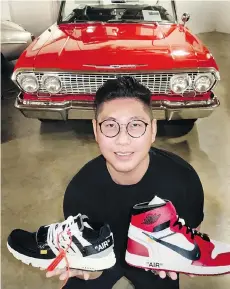  ??  ?? Aleix Dai showed rare $3,300 sneakers to colour-match a Chevrolet Impala convertibl­e that cost $3,436 in 1964 and $54,995 at Autoform today.