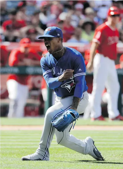  ?? — THE ASSOCIATED PRESS ?? Toronto Blue Jays starting pitcher Marcus Stroman pitched a complete game seven-hitter Sunday to lead his struggling team to a 6-2 victory over the Los Angeles Angels.