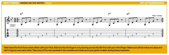  ?? ?? Hold down the first three notes either with your first, third and fourth fingers or by barring across the 5th fret with your third finger. Make sure all the notes are clear and don’t ring out over each other. Take note of the rest symbols in the notation and make sure your guitar is silent during these moments.