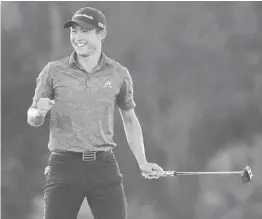  ?? MIKE EHRMANN/GETTY ?? PGA champion Collin Morikawa celebrates after winning the WGC Workday Championsh­ip by three strokes Sunday in Bradenton.