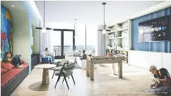  ??  ?? In addition to a kids’ area, the 11th floor has a social lounge with a hanging orb fireplace, billiards and a private dining room with chef ’s kitchen and wine cellars.