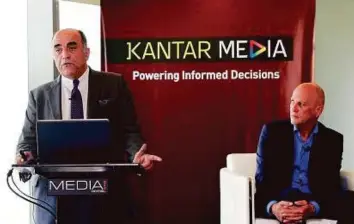  ?? BY ALEXANDER CORNWELL Staff Reporter Zarina Fernandes/Gulf News ?? Roy Haddad and Keld Nielsen at a press conference by Kantar Media’s TView People Meter system. The ad market has softened over the past 18 months.