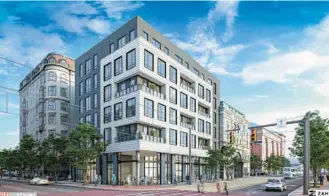  ?? COURTESY ?? A rendering of Mayfair Place, a mixed-use project of 95 residentia­l units, commercial space and parking planned for North Howard Street.