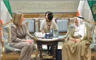  ?? KUNA VIA AGENCE FRANCE-PRESSE ?? The Emir of Kuwait, Sheikh Sabah al-Ahmad al-Sabah (right), meets with EU foreign affairs chief, Federica Mogherini, in Kuwait City, on Sunday.