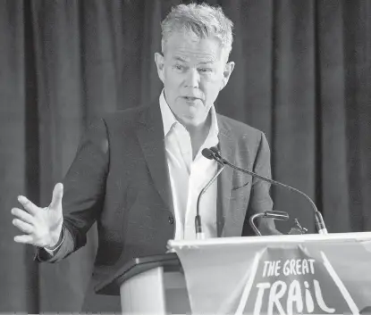  ??  ?? David Foster speaks at a celebratio­n of the completion of The Great Trail in Victoria last year. David Foster Way, a Victoria portion of the trail that connects pathways across Canada, was named for the musician, who, at 68, says he’s busier than ever.