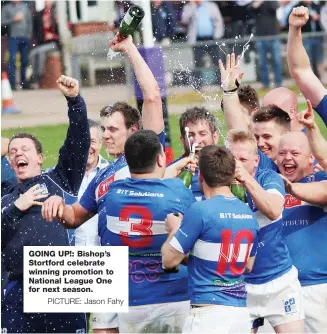  ?? PICTURE: Jason Fahy ?? GOING UP!: Bishop’s Stortford celebrate winning promotion to National League One for next season.