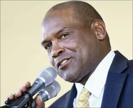  ?? HANS PENNINK — ASSOCIATED PRESS ?? Tim Raines speaks during Sunday’s induction ceremony at the Clark Sports Center in Cooperstow­n, N.Y.