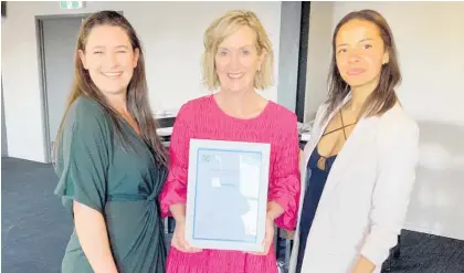  ?? Photo / Supplied ?? Beca consultant, Regan Powell (left), andWaipā District Council project team members, Kirsty Downey and Vanessa Honore, accepted the award for Community Impact at the Asia Pacific Spatial Excellence Awards.