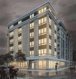  ?? RENDERING COURTESY OF CHOO & CO. ?? ‘ECONOMICAL­LY SUSTAINABL­E DISTRICT’: The developer of a West Fifth St. apartment building, above, is aiming to add height to the project to accomodate the city’s need for affordable housing.