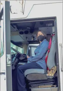  ?? Shelly Thorene / Union Democrat ?? Fire Chief Aimee New checks out the view from the driver’s seat of the new Spartan engine designed specifical­ly to meet the needs of the City of Sonora.