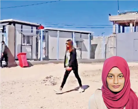  ??  ?? Shamima Begum, above, appeared in Western clothes yesterday in ITV News footage of her walking through the al-roj camp in north-east Syria. Her uncovered hair was in contrast to earlier photograph­s, right