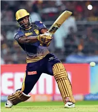  ?? AFP ?? Andre Russell plays a shot during the IPL match against Kings XI Punjab at the Eden Gardens. —