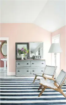  ??  ?? This sunny bed/sitting room evokes the pinks of a summer garden. The paint is from Benjamin Moore’s 2018 palette, Pleasant Pink in Natura eggshell.