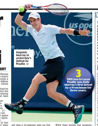  ?? AP ?? Anguish: Murray in yesterday’s defeat by Pouille