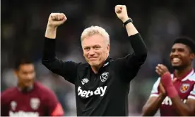  ?? Photograph: Ryan Browne/Shuttersto­ck ?? David Moyes enjoys West Ham’s win at Leeds in September. ‘West Ham is a good club for me,’ he says.