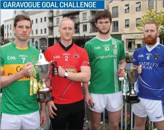  ??  ?? Captains of both the senior and intermedia­te finalists taking part in the Garavogue goal challenge on Saturday afternoon. Pic: Eamonn McMunn.