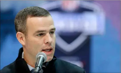  ?? AP Photo/Darron Cummings ?? In this 2019 file photo, Buffalo Bills general manager Brandon Beane speaks during a press conference at the NFL football scouting combine in Indianapol­is.