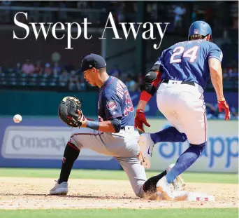  ?? Richard W. Rodriguez/Associated Press ?? ■ Minnesota Twins first baseman Ehire Adrianza (13) awaits the ball Sunday as Texas Rangers’ Hunter Pence (24) reaches base ahead of the throw in the third inning in Arlington, Texas.