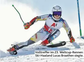  ??  ?? Volltreffe­r im 23. Weltcup-Rennen: Ski-Haaland Lucas Braathen siegte.