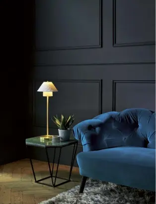  ??  ?? Moody blues (and greys) Oxford brass table lamp, £359, Original BTC (originalbt­c.com); for similar sofa, try Dog Kennel Bed, £9,915 plus fabric, George Smith (georgesmit­h.com)