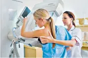  ??  ?? A patient is prepared for a mammogram, right, a routine procedure essential to the early diagnosis of breast cancer