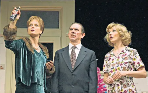  ??  ?? Middle-class angst: Jenny Seagrove, David Bamber and Jane Horrocks in Absurd Person Singular in 2007; Richard Briers and Bridget Turner in 1972, right; Ayckbourn, below