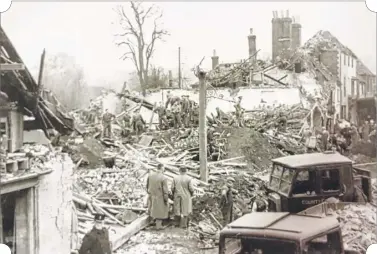  ??  ?? The ruins of the Red Lion in Sturry High Street the morning after the bombing