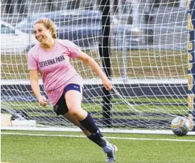  ?? JOSHUA MCKERROW/BALTIMORE SUN MEDIA ?? Severna Park’s Ella Raines smiles after her first-half goal against Chesapeake-Anne Arundel during a game at Severna Park on Thursday afternoon.