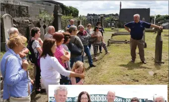  ??  ?? Sean Collins of Drogheda Civic Trust leading a tour of the Chord Cemetery during the recent Genealogy day. Right; The Mayor Pio Smith , and Dr Annaleigh Margey pictured with Drogheda Civic Trust Day Members Michael O’Dowd, Denis Cummins and Sean Collins