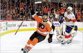  ?? PATRICK SMITH / GETTY IMAGES ?? Flyers captain Claude Giroux celebrates his goal during Philadelph­ia’s four-goal second period in Tuesday’s 5-1 win over the Panthers.