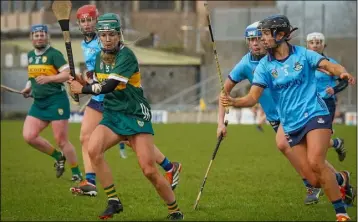  ?? ?? Kerry’s Norette Casey and Dublin’s Emma O’Byrne in action in the National Camogie League Division 1B game at Austin Stack Park on Saturday.