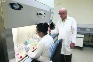  ?? Pawan Singh / The National ?? Dr Taleb Al Tel, director of the University of Sharjah’s Research Institute for Medical and Health Sciences, oversees tests on cancer cells at his laboratory at the school’s medical campus.