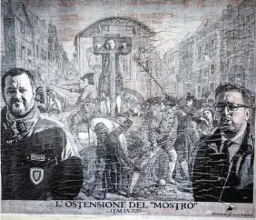  ??  ?? Il murales Con Battisti, Salvini e Bonafede, sulla facciata di un chiosco vicino al ministero della Giustizia a RomaAnsa