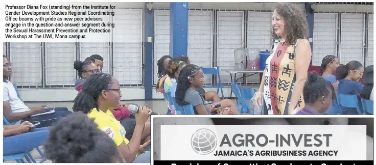  ?? ?? Professor Diana Fox (standing) from the Institute for Gender Developmen­t Studies Regional Coordinati­ng Office beams with pride as new peer advisors engage in the question-and-answer segment during the Sexual Harassment Prevention and Protection Workshop at The UWI, Mona campus.