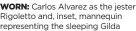  ?? ?? WORN: Carlos Alvarez as the jester Rigoletto and, inset, mannequin representi­ng the sleeping Gilda