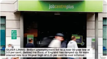  ?? ?? SILVER LINING: British unemployme­nt fell to a near 50-year low at 3.5 per cent; (below) the Bank of England has ramped up its main interest rate to a 14-year high of 2.25 per cent to cool inflation