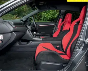  ??  ?? Red Alcantara-trimmed seats and alloy shift knob are classic Type R ingredient­s. The driving position is now good for a hot hatchback.