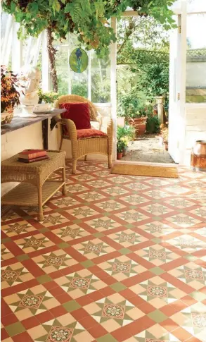  ??  ?? Left: Original Style’s encaustice­ffect Blenheim pattern in green, red, buff and white, with a Telford border tile