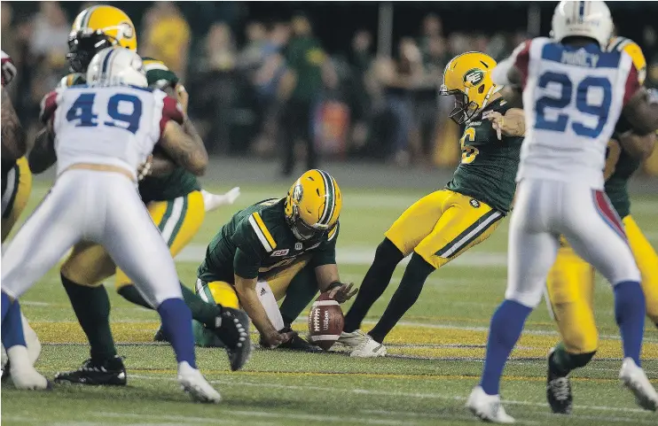  ?? — POSTMEDIA FILES ?? Edmonton’s Sean Whyte kicks a 55-yard field goal against the Montreal Alouettes during CFL action in Edmonton. Whyte has hit on 24 consecutiv­e field goals.