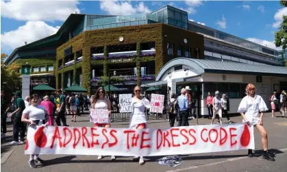  ?? Photograph:Kirsty O’Connor/PA ?? Campaigner­s from Address The Dress Code outside the main gate at Wimbledon in July.