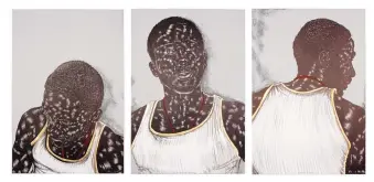  ??  ?? “Birmingham,” 2014, by Toyin Ojih Odutola, three, four-color lithograph with gold leaf, collaborat­ing printer Bill Lagattuta, edition of 20.