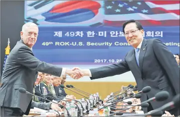  ??  ?? Mattis (left) and Young-moo shake hands before the 49th Security Consultati­ve Meeting (SCM) at the Defence Ministry in Seoul. — AFP photo